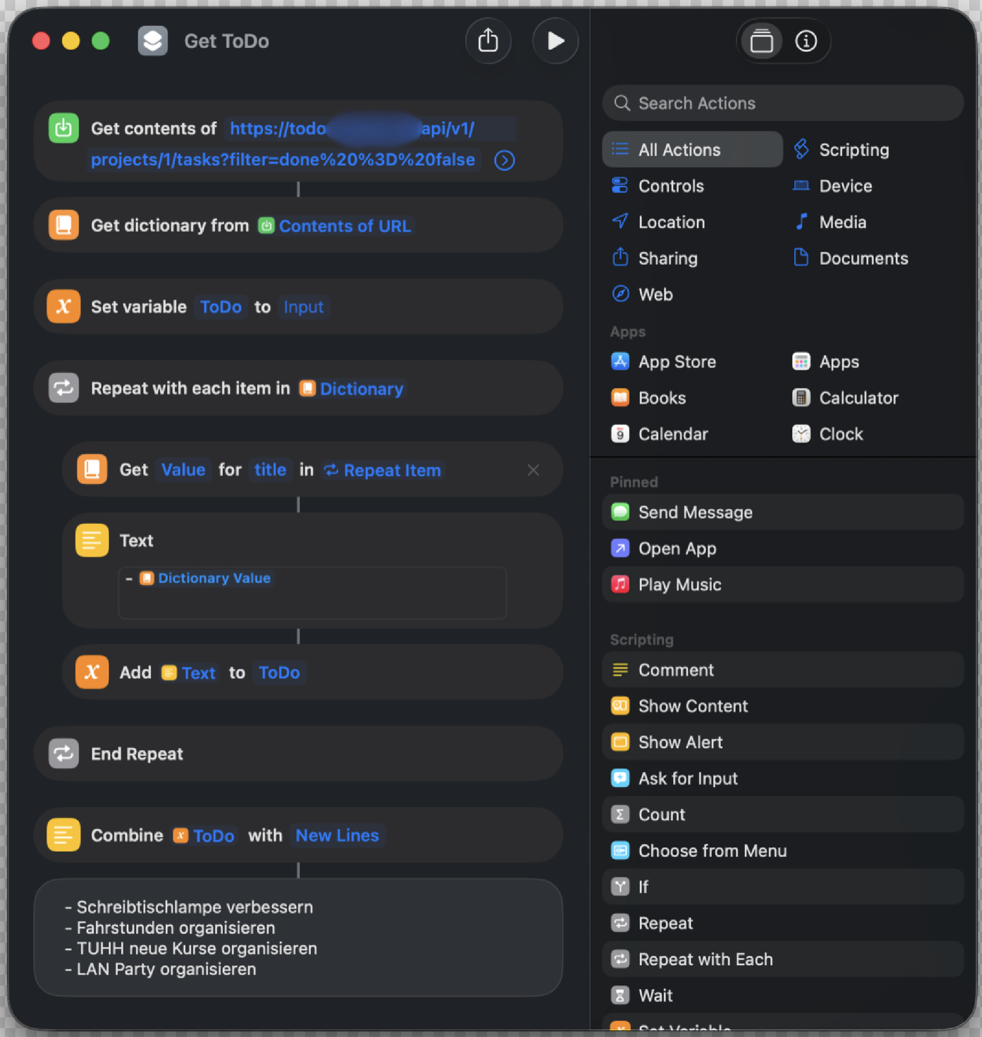 Complex iOS ShortCuts workflow parsing the Vikunja API directly