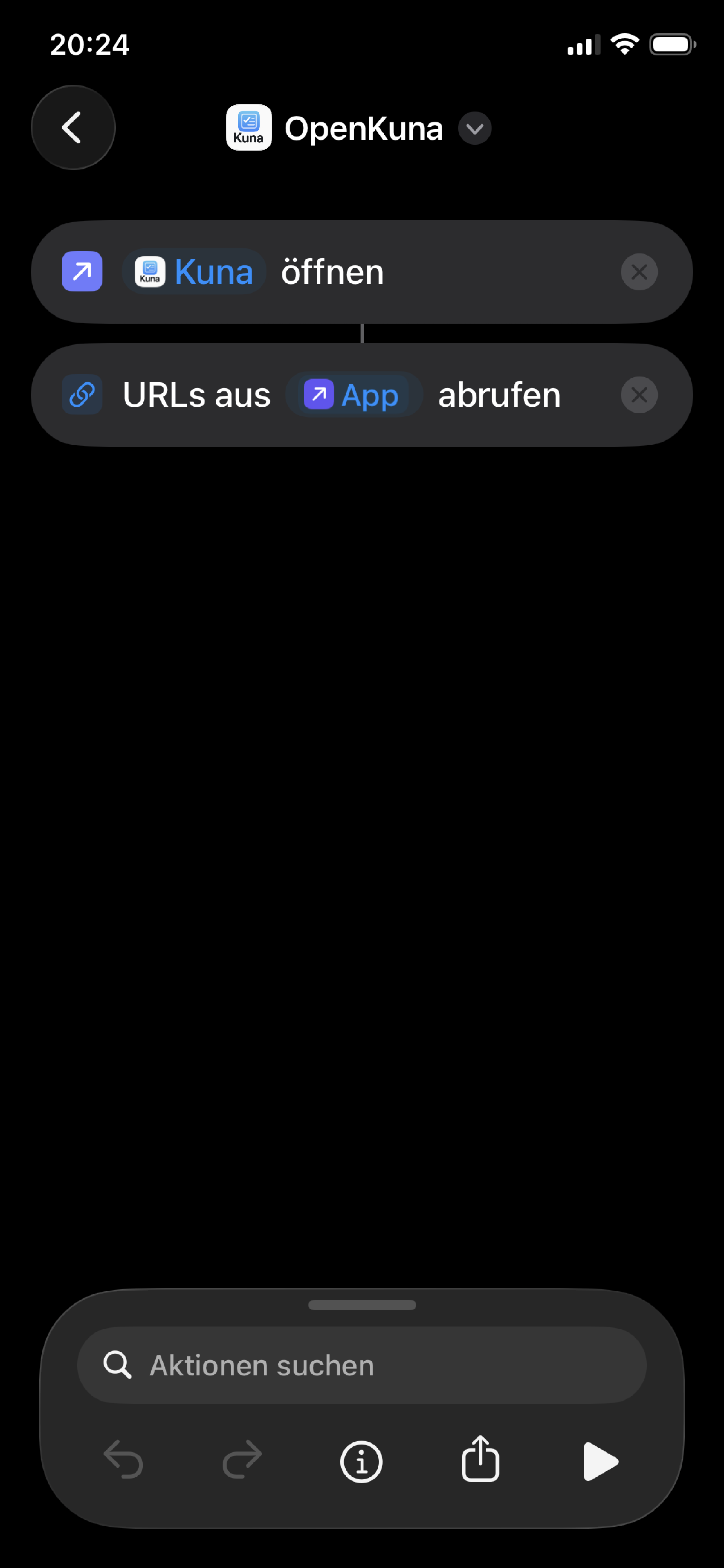 Shortcuts screenshot showing automation that openes Kuna app